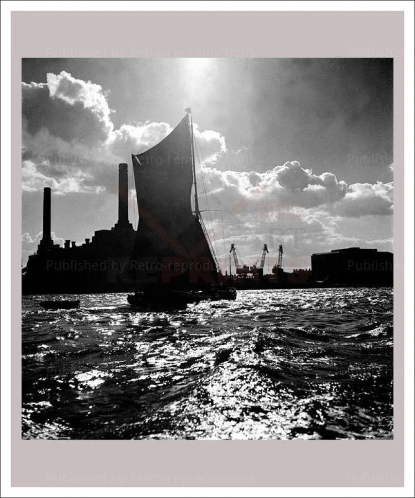 Boats Sail past Battersea, London - VINTAGEARTREPRINTS.COM