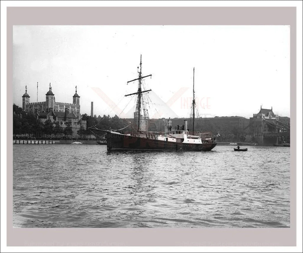 Boats sail past Battersea Power Station London - VINTAGEARTREPRINTS.COM