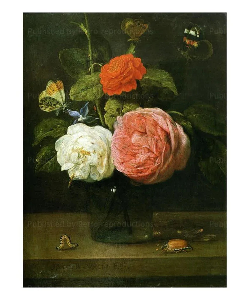Bouquet de Roses with Papillons and Insects - VINTAGEARTREPRINTS.COM