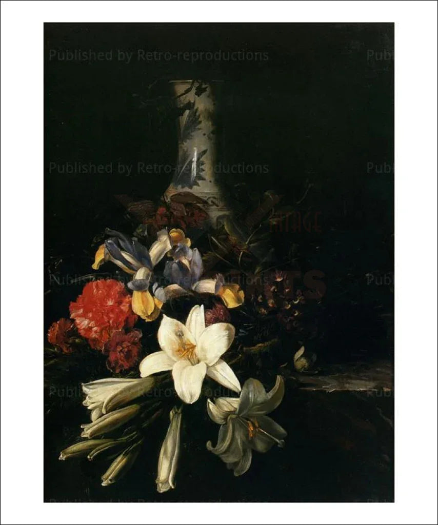 Bouquet de fleurs devant un vase de Chine, - VINTAGEARTREPRINTS.COM