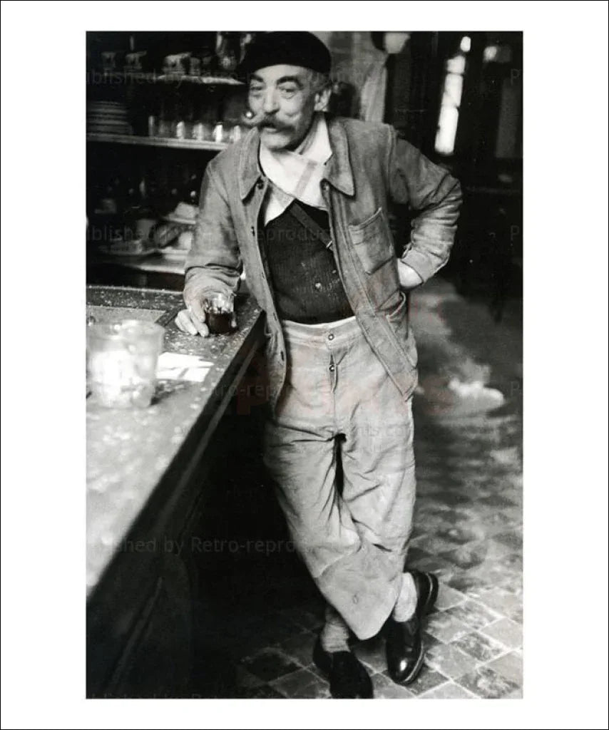 Man drinking wine in Paris Bistrot - VINTAGEARTREPRINTS.COM