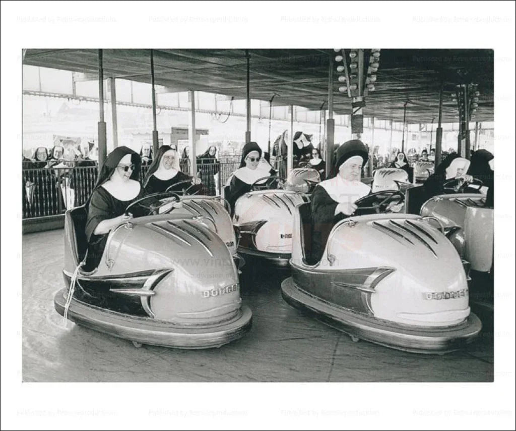 Nuns driving Bumper cars - VINTAGEARTREPRINTS.COM
