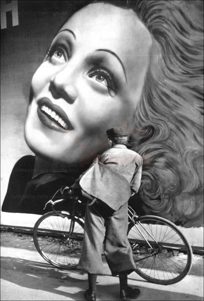 A man with Bicycle observing a Portrait - VINTAGEARTREPRINTS.COM