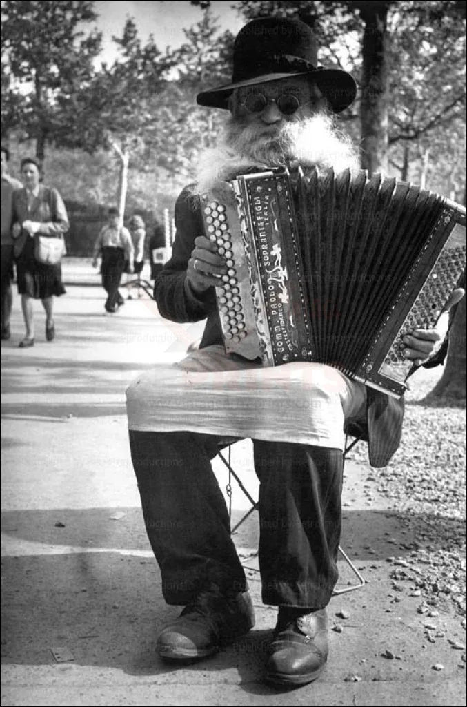 Old man playing Accordion - VINTAGEARTREPRINTS.COM