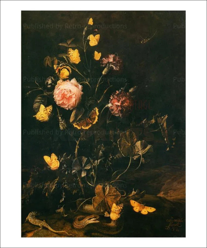 Still Life with Flowers, Insects and Reptiles - VINTAGEARTREPRINTS.COM