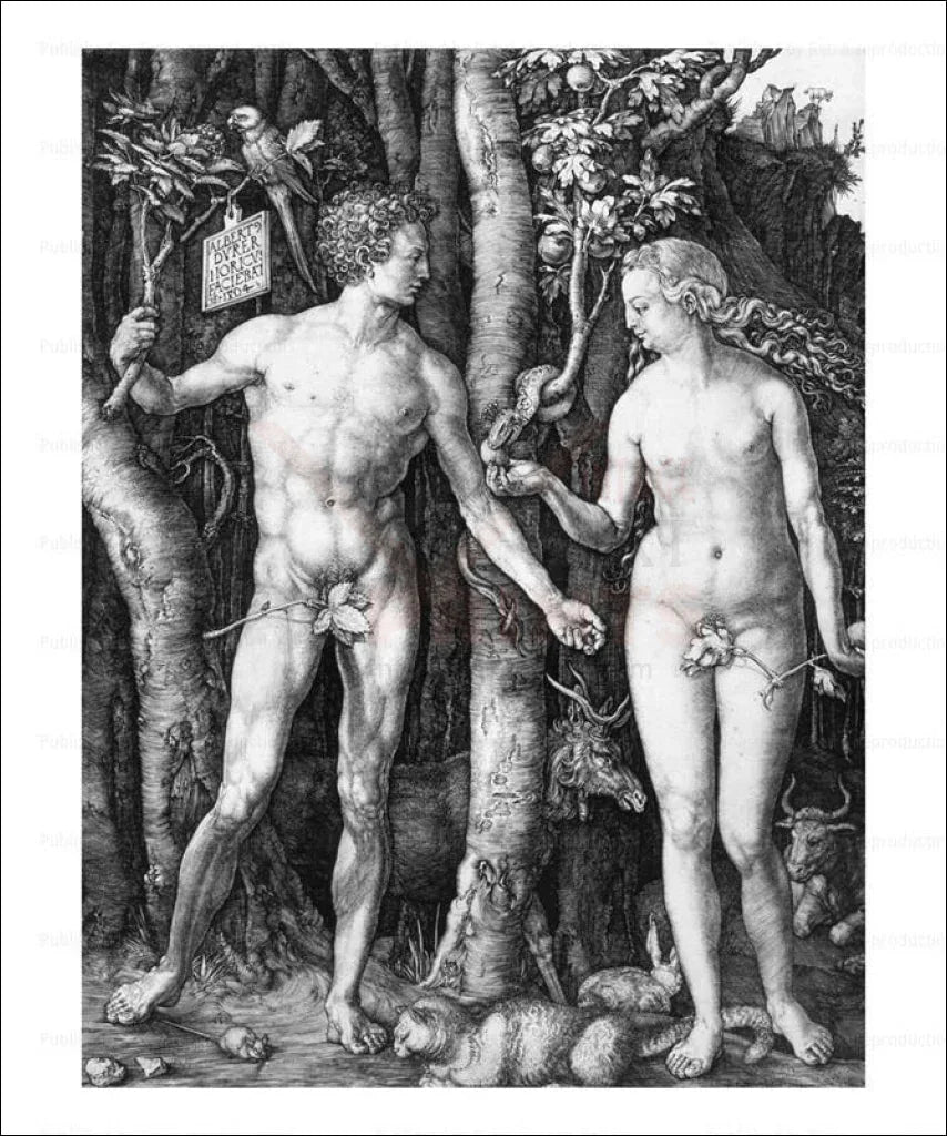 Albrecht Durer, Adam & Eve - Black and White image showing trees and Animals, Adam et Eve