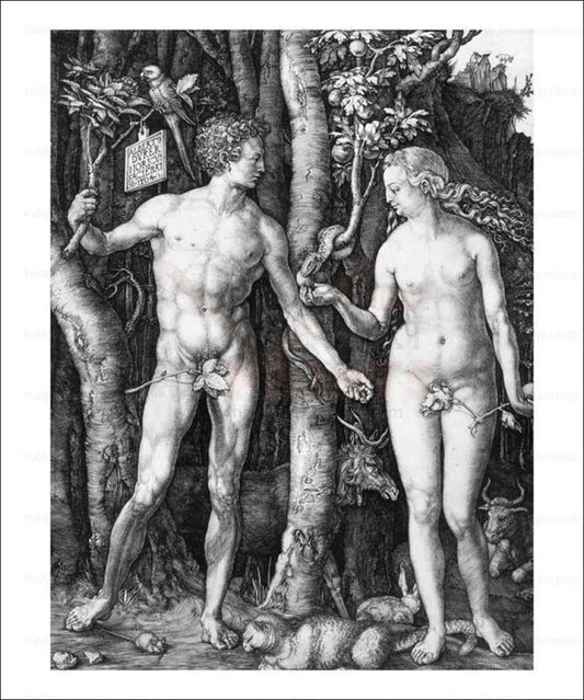 Albrecht Durer, Adam & Eve - Black and White image showing trees and Animals, Adam et Eve