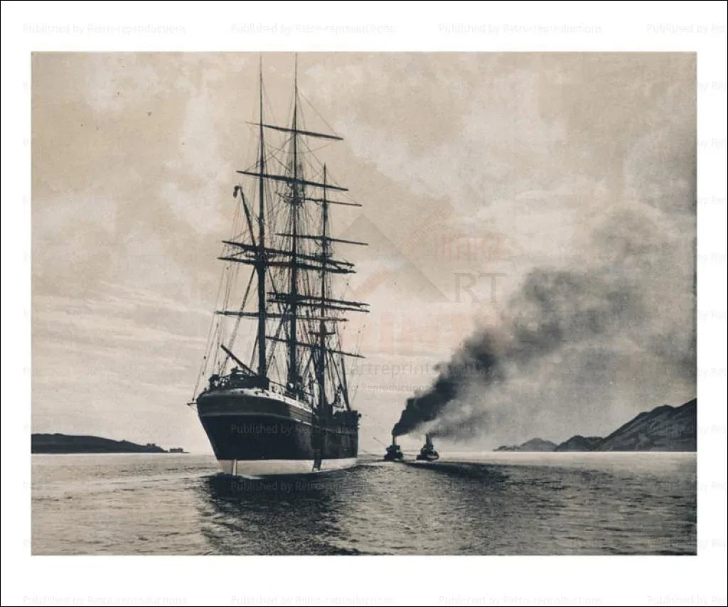 Schooner with tug boats - VINTAGEARTREPRINTS.COM