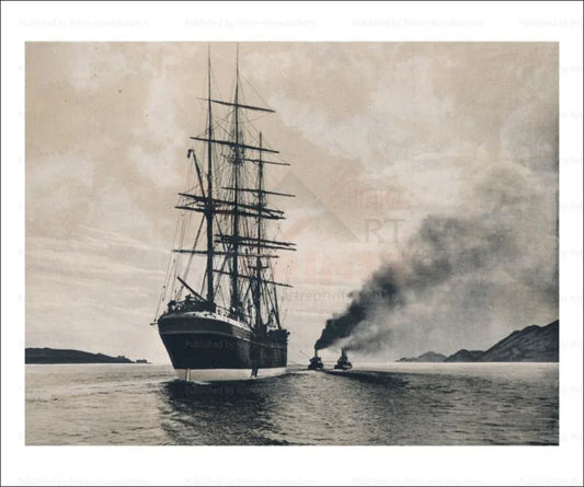 Schooner with tug boats - VINTAGEARTREPRINTS.COM