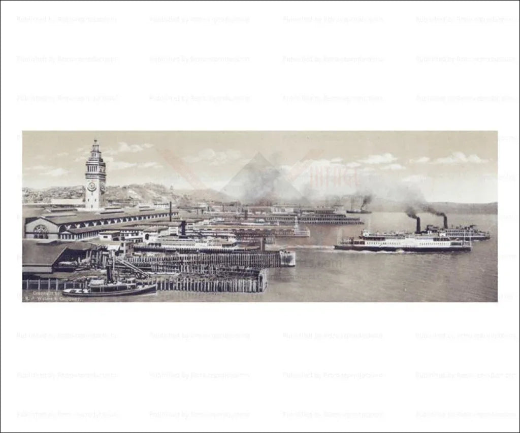 Ferry Slips and Steamships, San Francisco - VINTAGEARTREPRINTS.COM