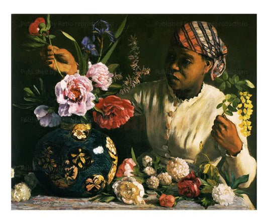 La Negresse aux Pivoines - Women making a bouquet of  Flowers VINTAGEARTREPRINTS.COM